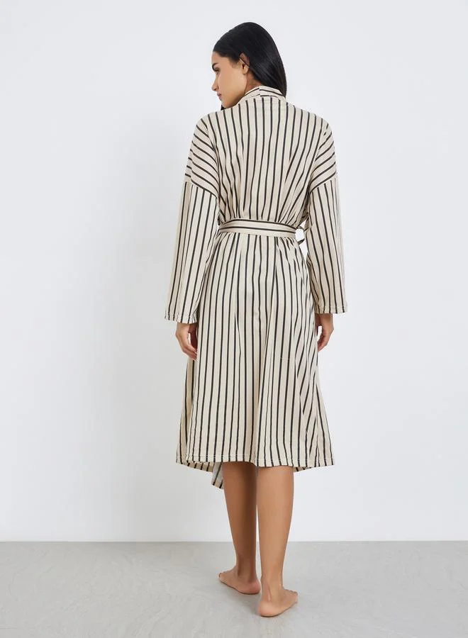 Styli  Beige Striped Long Sleeve Robe for Women | Best Price UAE